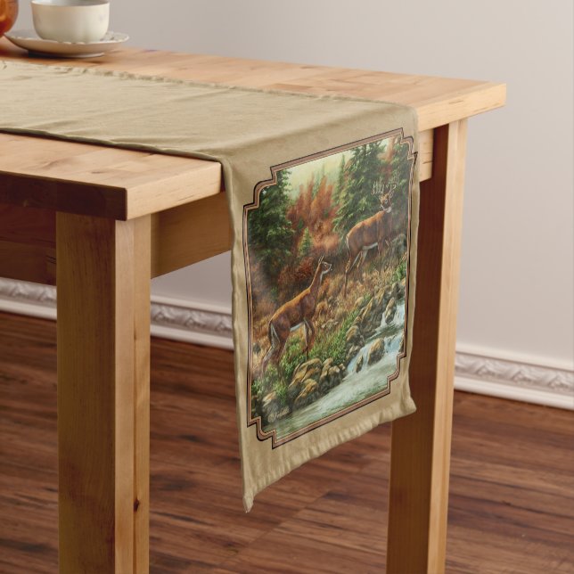 Deer and Stream Waterfall Tan Medium Table Runner (In Situ)