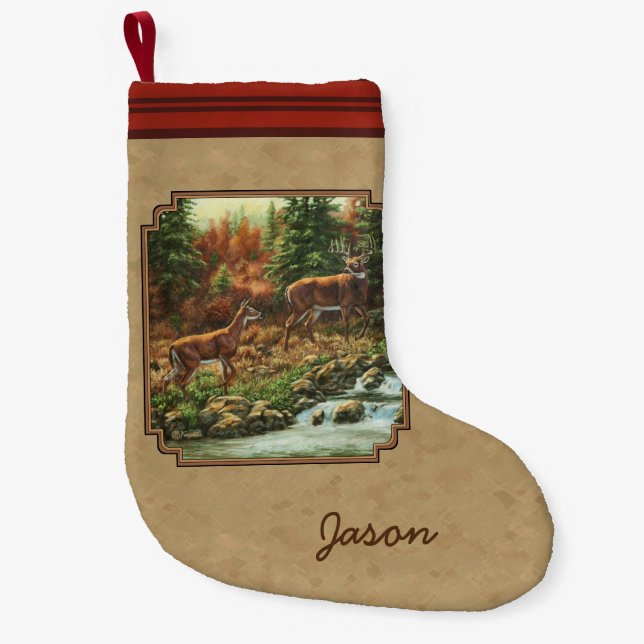 Deer and Stream Waterfall Tan Small Christmas Stocking (Front)