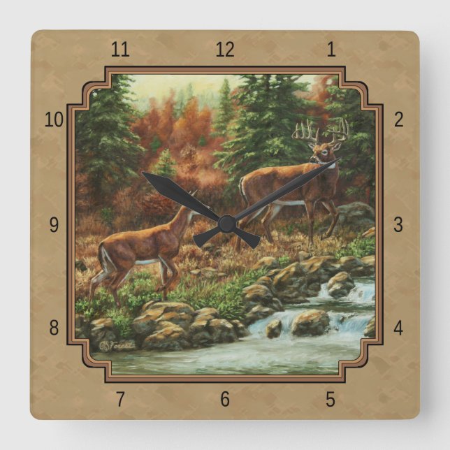 Deer and Stream Waterfall Tan Square Wall Clock (Front)