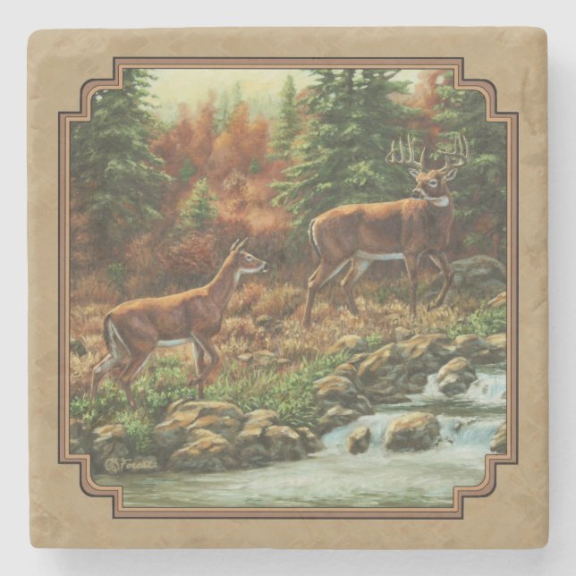Deer and Stream Waterfall Tan Stone Coaster (Front)
