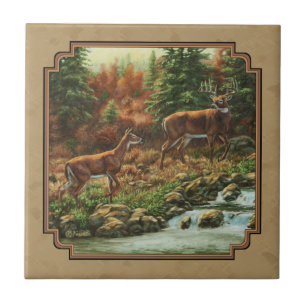Deer and Stream Waterfall Tan Tile