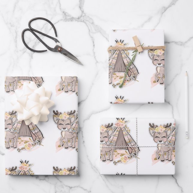 Deer and Tent Cute Outdoor  Wrapping Paper Sheet (Front)