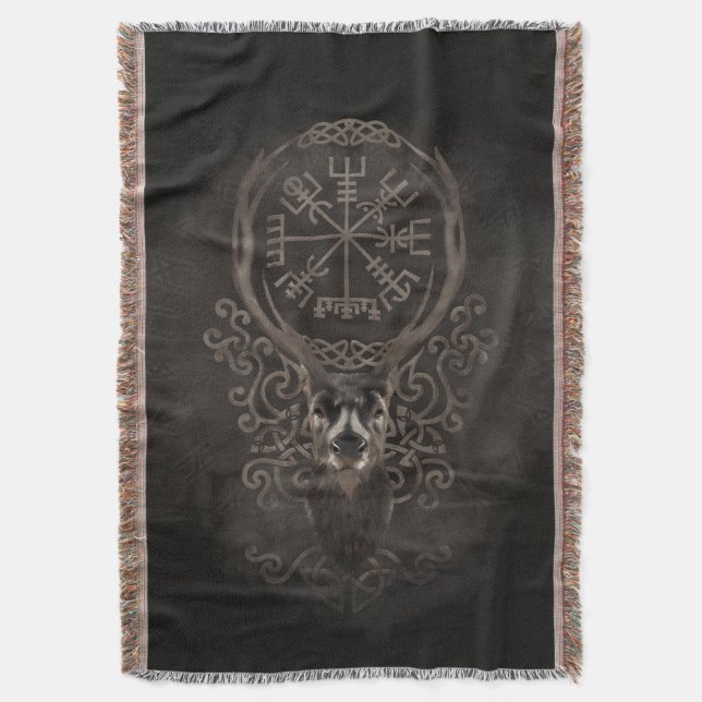 Deer and Vegvisir - Viking  Navigation Compass Throw Blanket (Front Vertical)