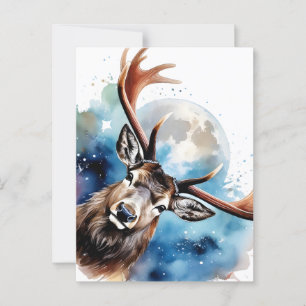 Deer and watercolor, and moon postcard