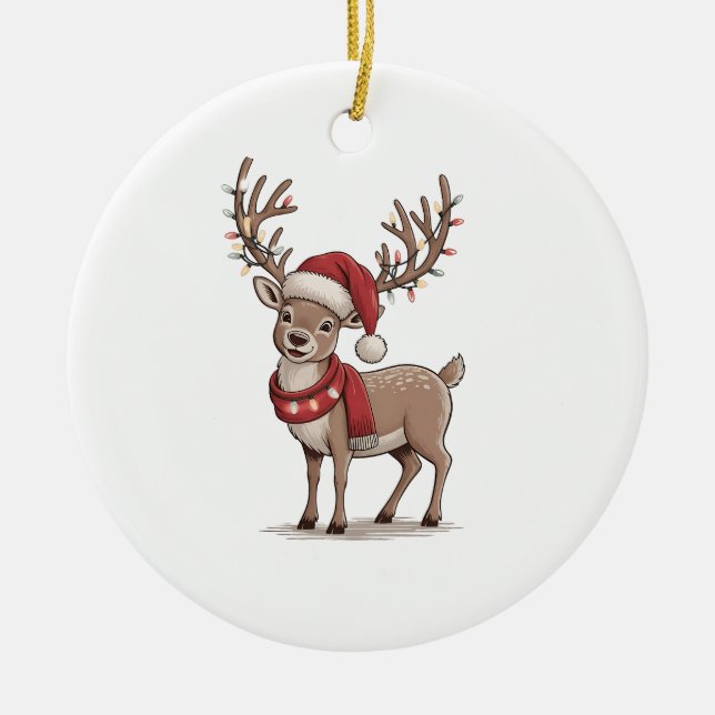 Deer Animal Christmas Deer Santa Hat Xmas  Ceramic Ornament (Front)
