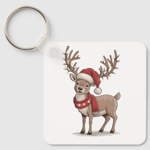 Deer Animal Christmas Deer Santa Hat Xmas Key Ring