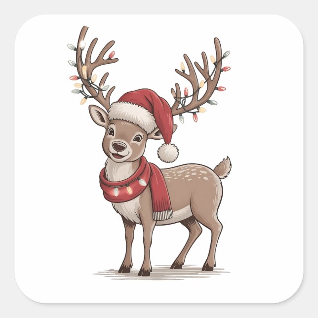 Deer Animal Christmas Deer Santa Hat Xmas  Square Sticker (Front)