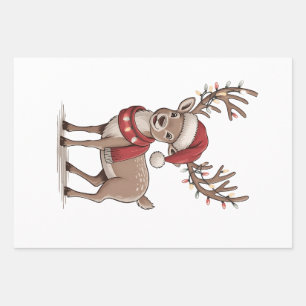 Deer Animal Christmas Deer Santa Hat Xmas  Wrapping Paper Sheet
