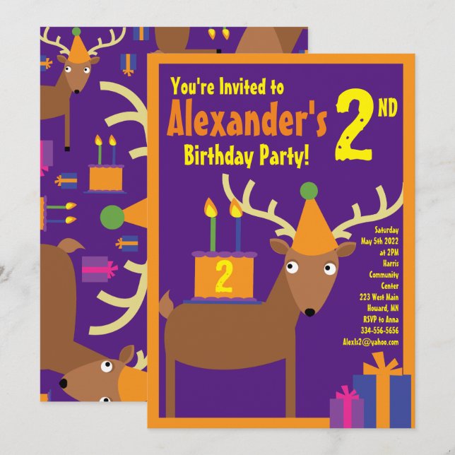 Deer Animal Kid's Birthday Party Invitations (Front/Back)