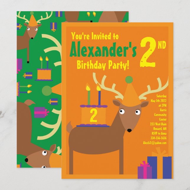 Deer Animal Kid's Birthday Party Invitations (Front/Back)