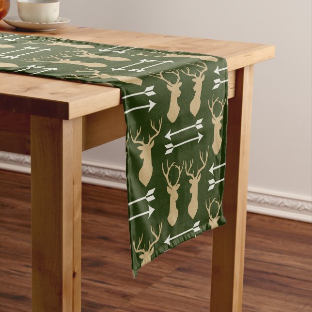 Deer Antler Arrow Forest Green Pattern Short Table Runner (In Situ)