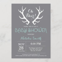 Deer Antler Baby Shower Invitation Grey and Aqua