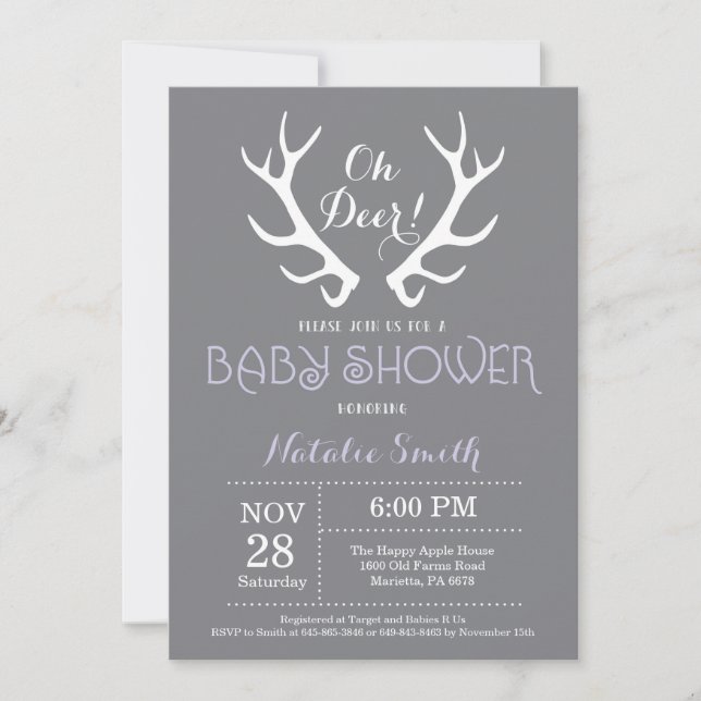 Deer Antler Baby Shower Invitation Grey and Purple (Front)