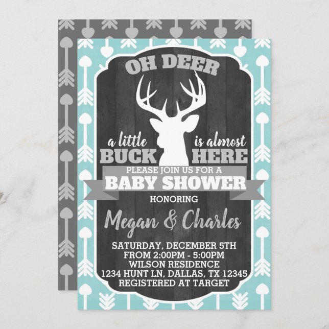 Deer Antler Baby Shower Invitation Mint Grey Teal (Front/Back)