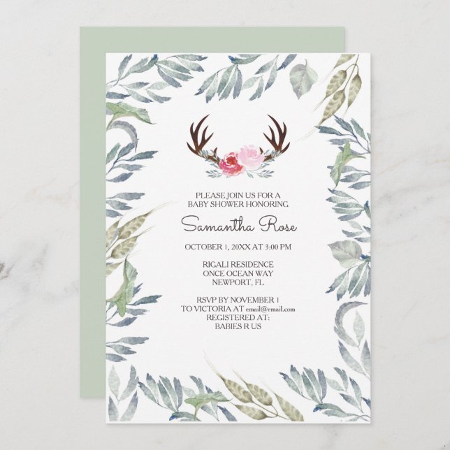 DEER ANTLER Baby Shower Invite - Girl (Front/Back)