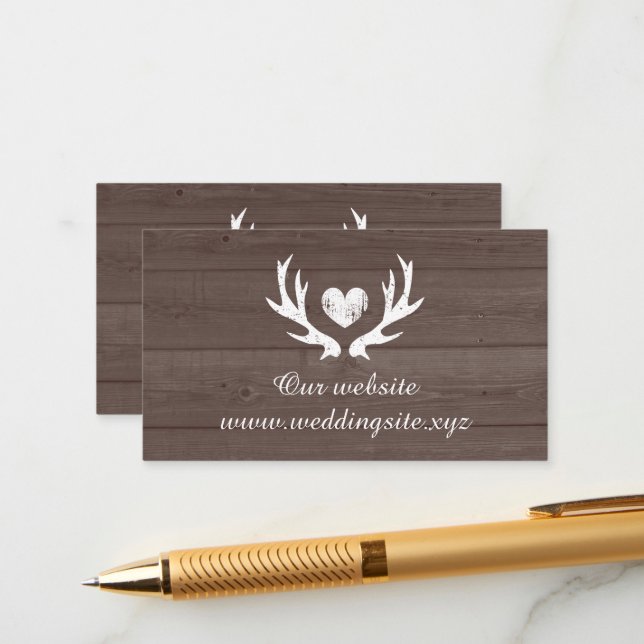 Deer antler logo brown rustic wood custom wedding enclosure card (Front/Back In Situ)