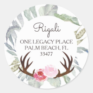 Deer Antler Pink Roses Return Address Classic Round Sticker