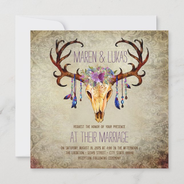 Deer Antler Skull Rustic Country Wedding Invitation (Front)