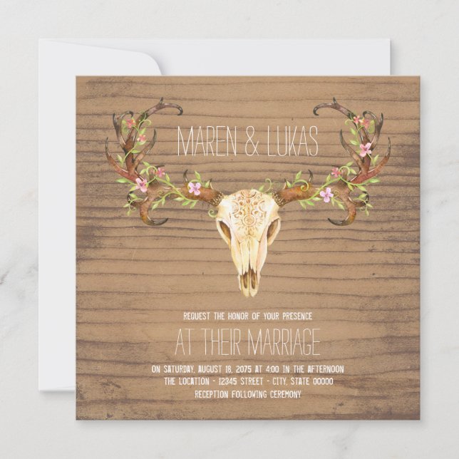 Deer Antler Skull Southwestern Wedding Invitation (Front)