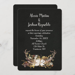 Deer Antler Wedding Bouquet on Leather Invitation