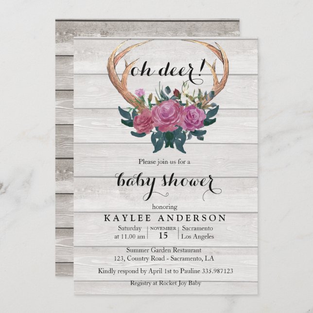 Deer Antler white wood Baby shower invitation (Front/Back)