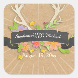 Deer Antler Wildflower Starburst Rustic Wedding Square Sticker