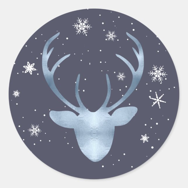 Deer Antlers and Snowflakes V2 Blue ID861 Classic Round Sticker (Front)