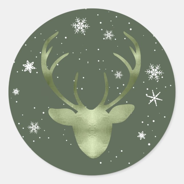 Deer Antlers and Snowflakes V2 Green ID861 Classic Round Sticker (Front)