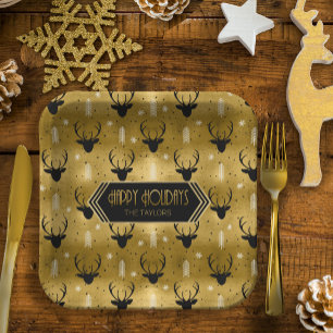 Deer Antlers Arrows Christmas Pattern Gold ID861 Paper Plate
