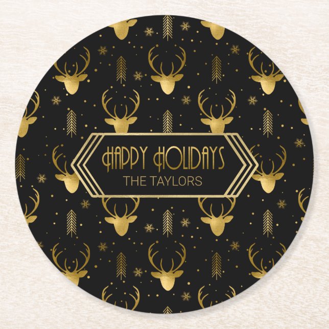 Deer Antlers Arrows Christmas Pattern Gold ID861 Round Paper Coaster (Front)