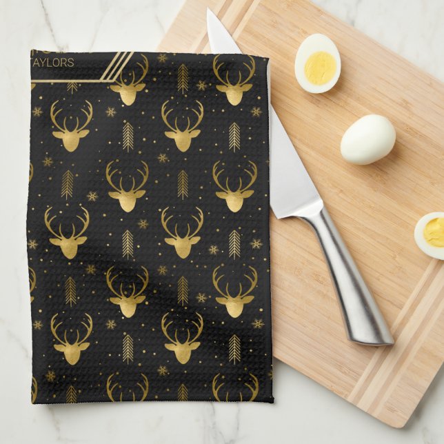 Deer Antlers Arrows Christmas Pattern Gold ID861 Tea Towel (Quarter Fold)