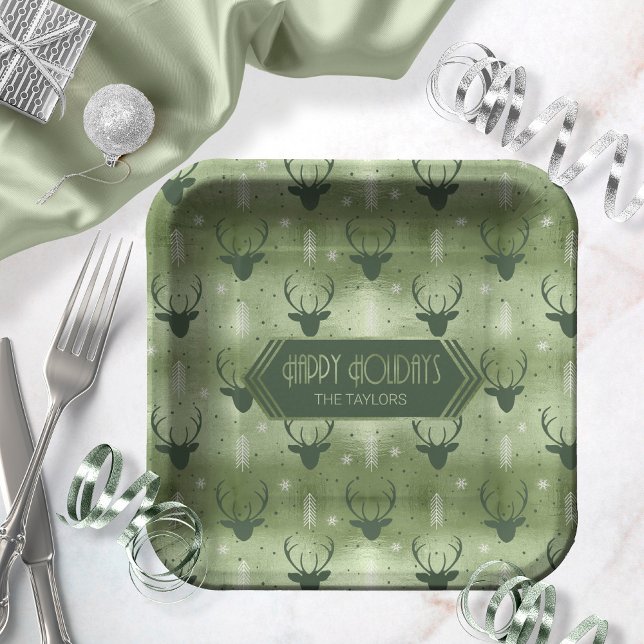 Deer Antlers Arrows Christmas Pattern Green ID861 Paper Plate (Creator Uploaded)