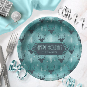 Deer Antlers Arrows Christmas Pattern Teal ID861 Paper Plate