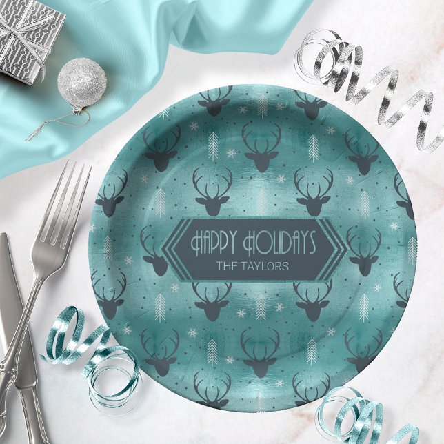 Deer Antlers Arrows Christmas Pattern Teal ID861 Paper Plate (Creator Uploaded)