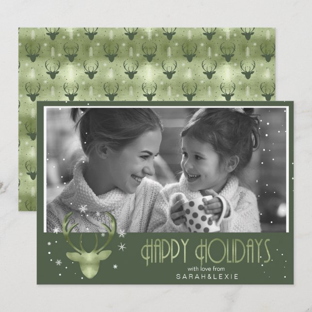 Deer Antlers Arrows Christmas Photo V2 Green ID861 Invitation (Front/Back)