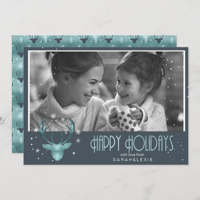 Deer Antlers Arrows Christmas Photo V2 Teal ID861 Invitation (Front/Back)