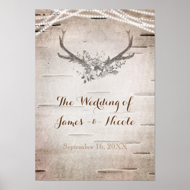 Deer Antlers & Birch Vintage Wedding Banner Poster (Front)