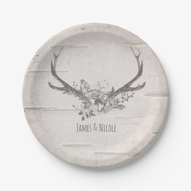 Deer Antlers & Birch Vintage Wedding Reception Paper Plate (Front)