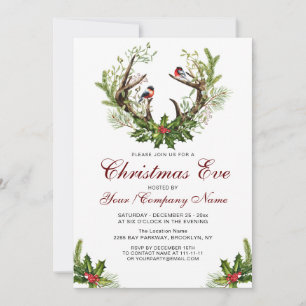 Deer Antlers, Birds Holly Berry Christmas Party Invitation