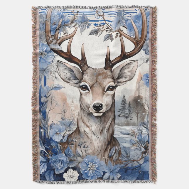 Deer Antlers Blue Flowers Christmas Throw Blanket (Front Vertical)