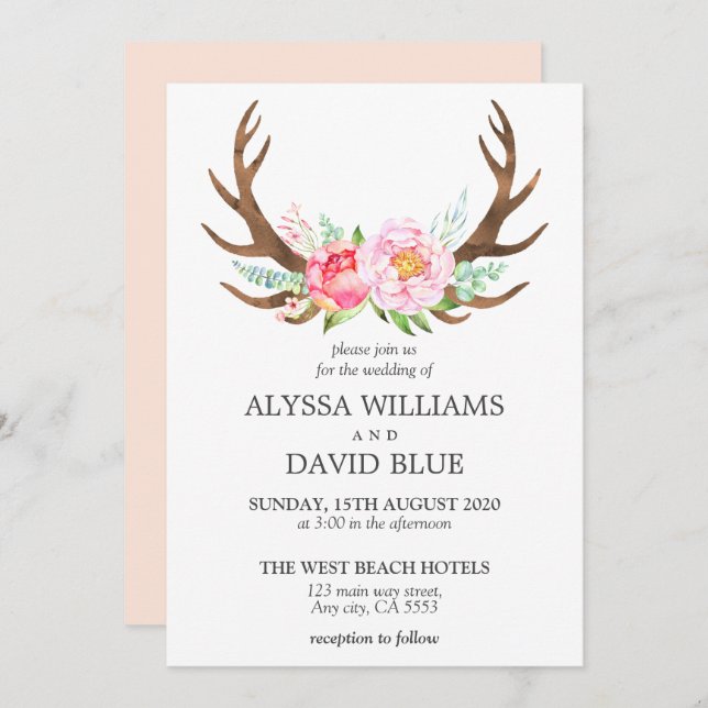 Deer Antlers Boho Floral Watercolor Pink Wedding Invitation (Front/Back)
