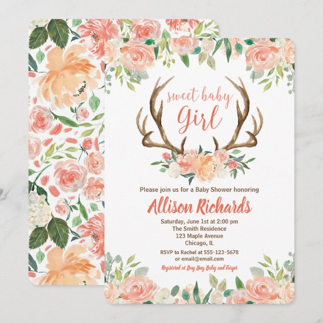 Deer antlers boho girl baby shower invitations (Front/Back)