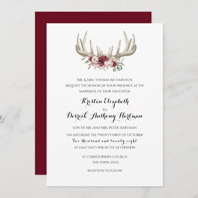 Deer Antlers Burgundy Floral Wedding Invitation (Front/Back)