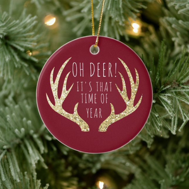 Deer Antlers Christmas Holiday Family Photo Ceramic Ornament (Tree)
