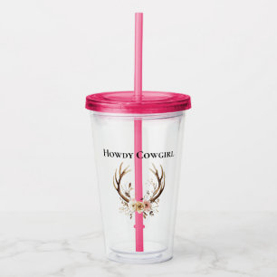 Deer Antlers Cowgirl Pink Floral Acrylic Tumbler