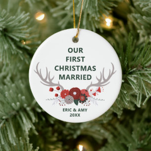 Deer Antlers First Christmas Married Personalised Ceramic Ornament
