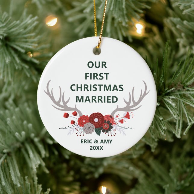 Deer Antlers First Christmas Married Personalised Ceramic Ornament (Tree)