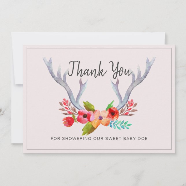 Deer Antlers Floral Doe Baby Shower Thank You Card (Front)