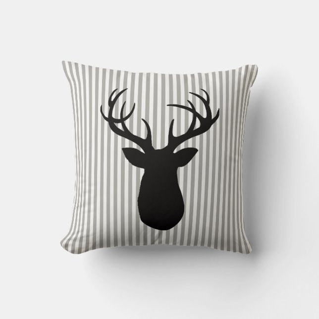 Deer Antlers Grey and White Stripe Throw Pillow (Front)