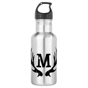 Deer antlers monogrammed metallic water bottle